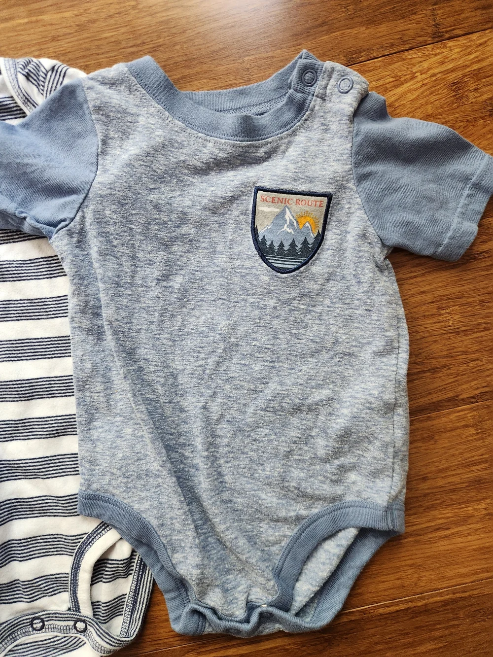 Set Of 4 Blue Short Sleeve Bodysuits From Carters And Garanimals, 6-9 Months